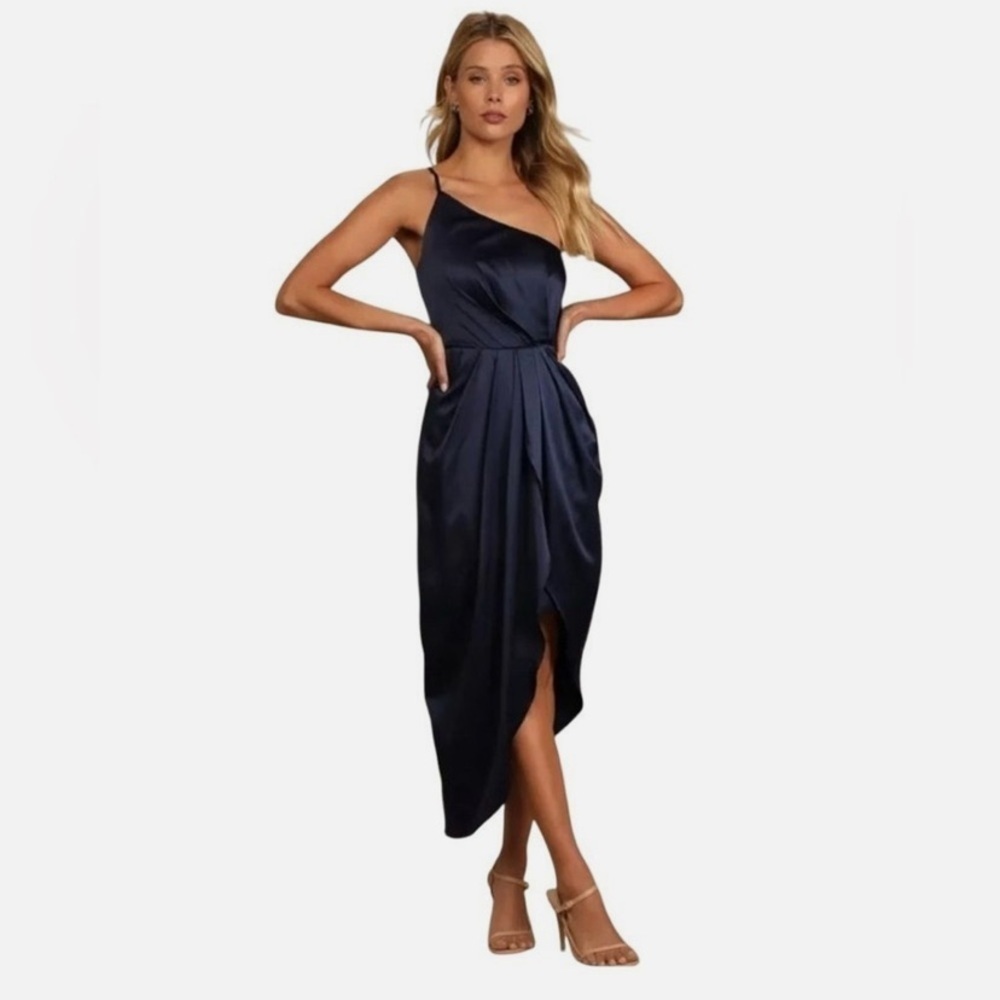 Lulu's Navy One-Shoulder Satin Midi Dress